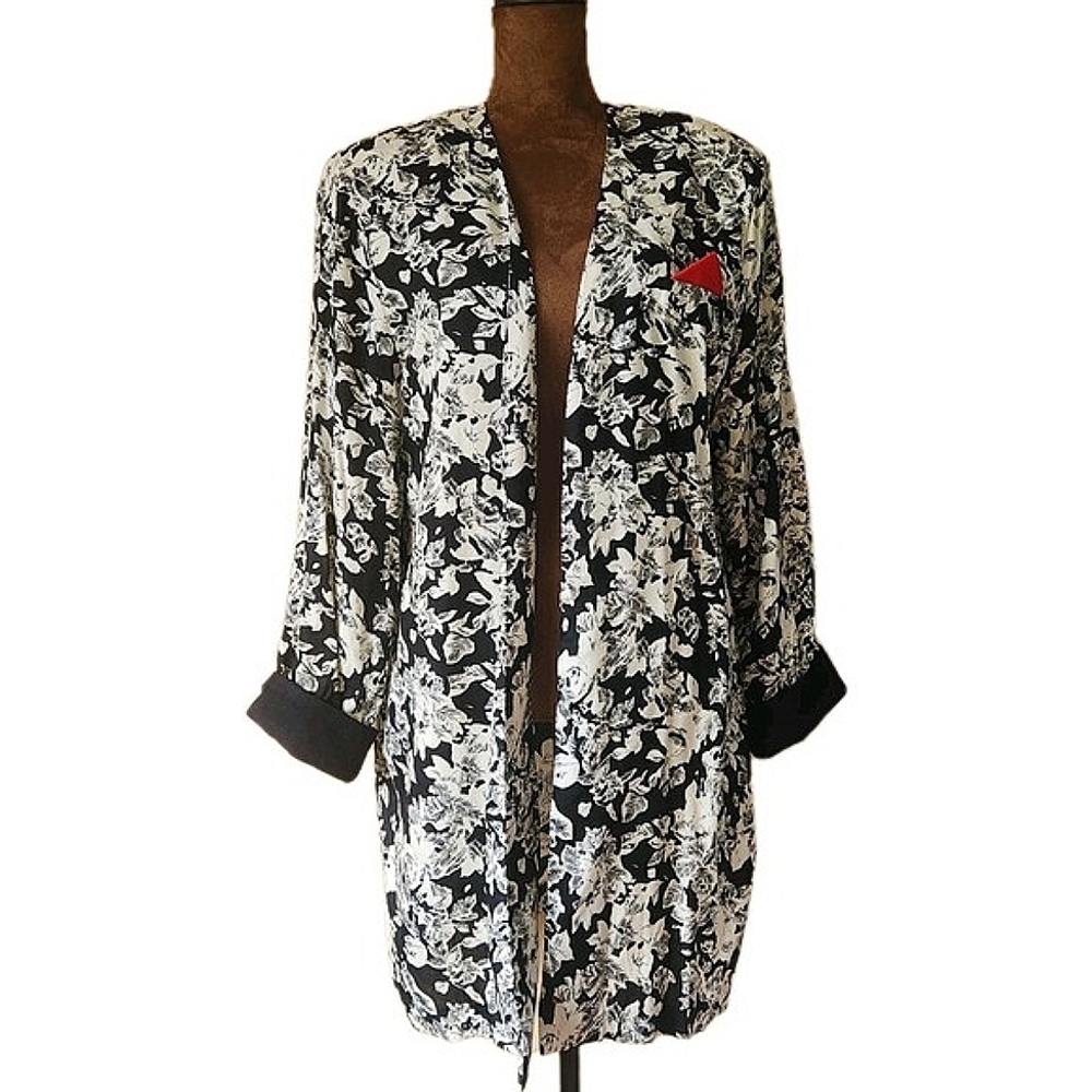 In Cinq 80s Blazer Long Jacket Size 14 Open Lightweight Black White Floral‎